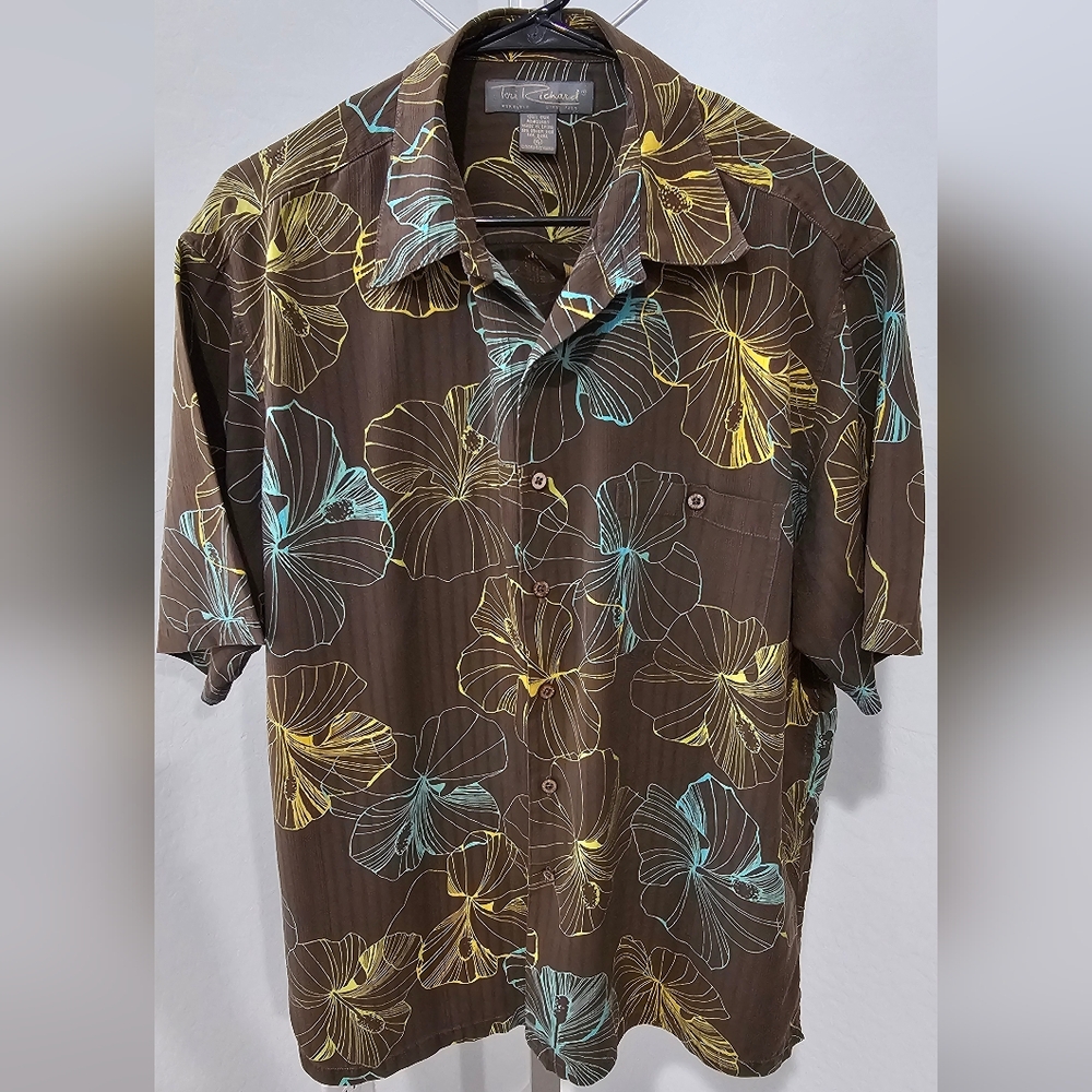 Tori Richard 100% Silk Brown Short-Sleeve Button-Down with Yellow & Teal Floral